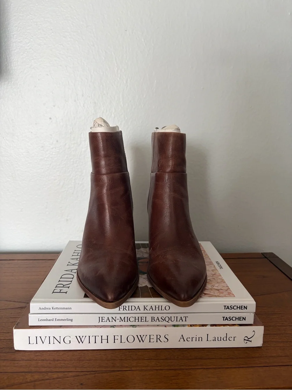 Franco Sarto Brown Leather Pointed Toe Block Heel Ankle Boots